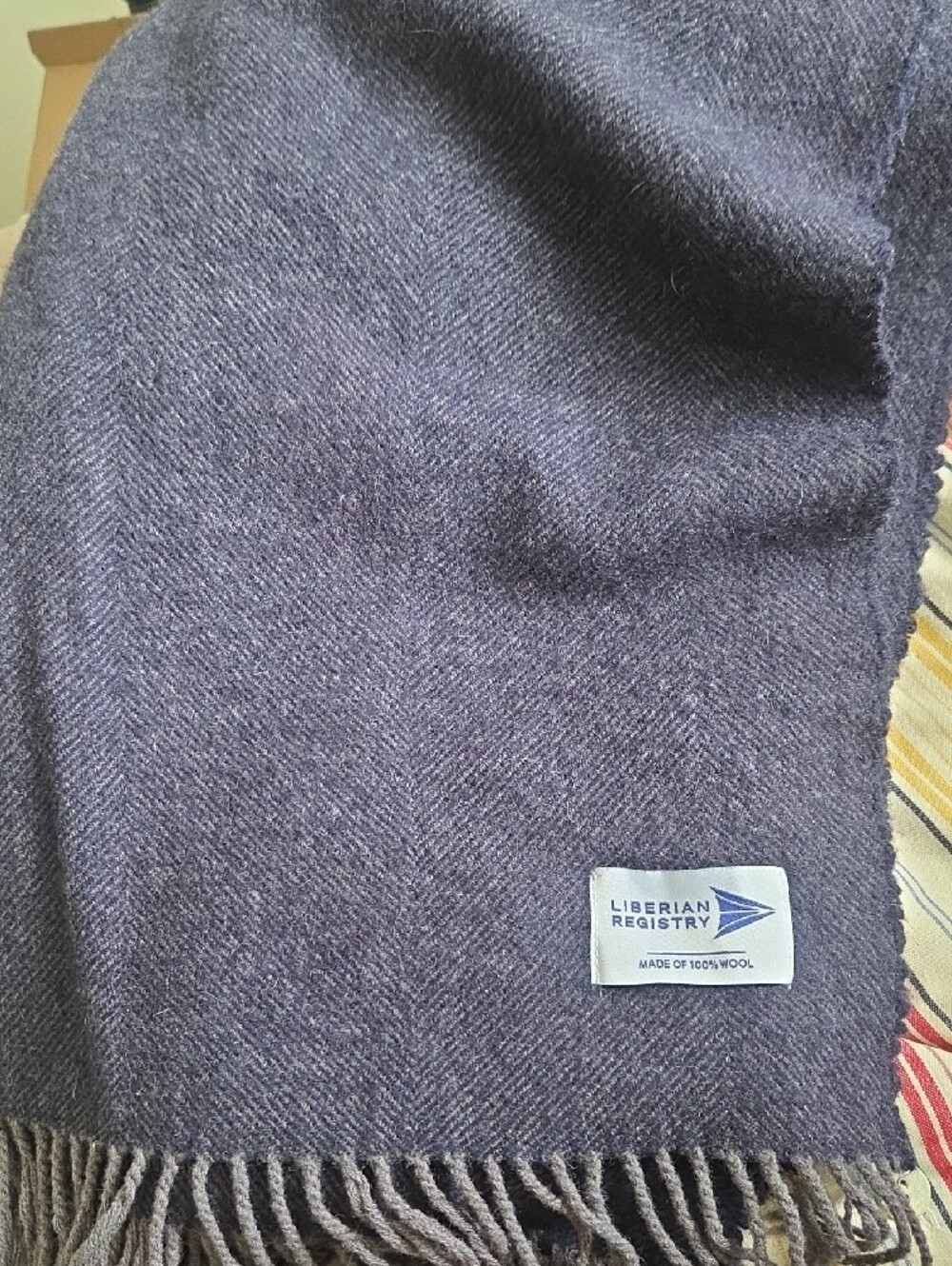 Liberian Registry 100% Wool Herringbone Fringe Throw Blanket Scarf Purple 58x48